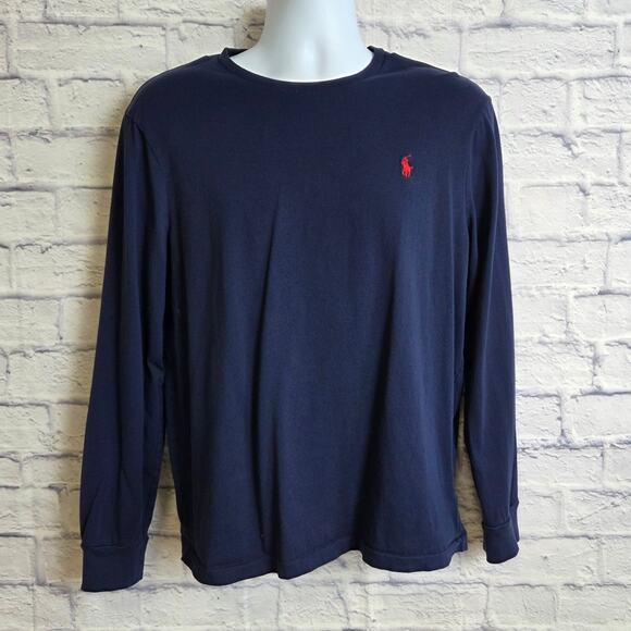 Polo Ralph Lauren Mens Large Navy Blue Long Sleeve T Shirt Red Logo - Picture 2 of 11